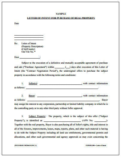 letter of intent to purchas real estate property
