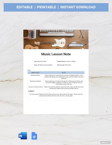 music lesson note template