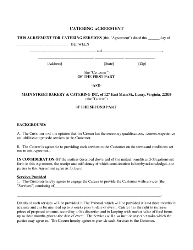 printable catering contract agreement template