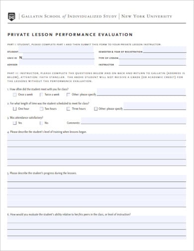 private lesson performance evaluation