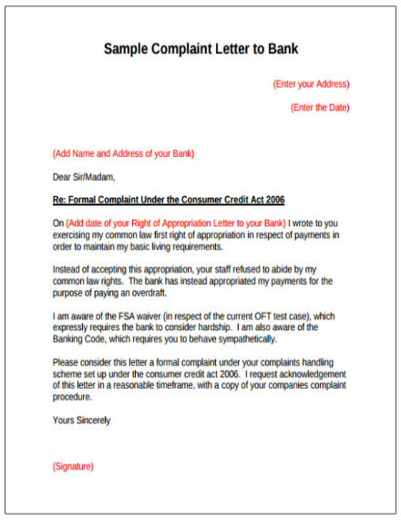 sample complaint letter to bank pdf format