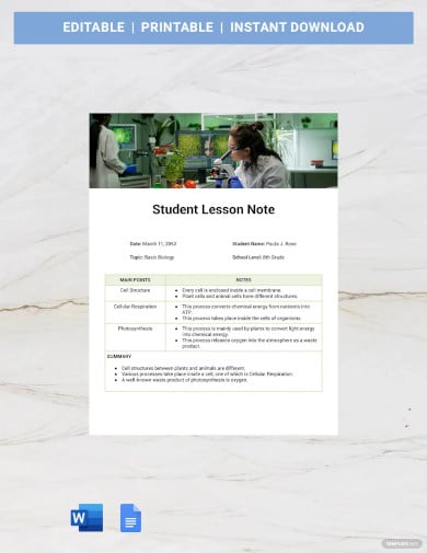 student lesson note template