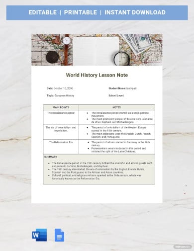 student lesson notes sheet