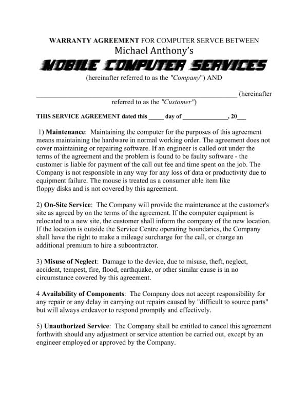 warranty agreement fo computer services 11