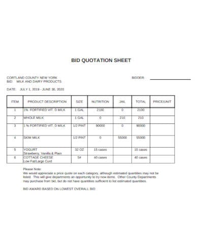bid quotation sheet
