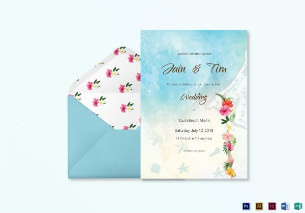 blue beach wedding invitation card template