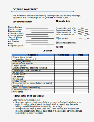 catering worksheet template example