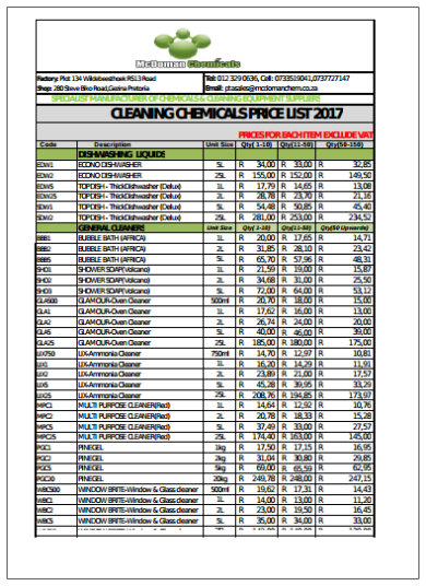 Cleaning Price List Templates PDF