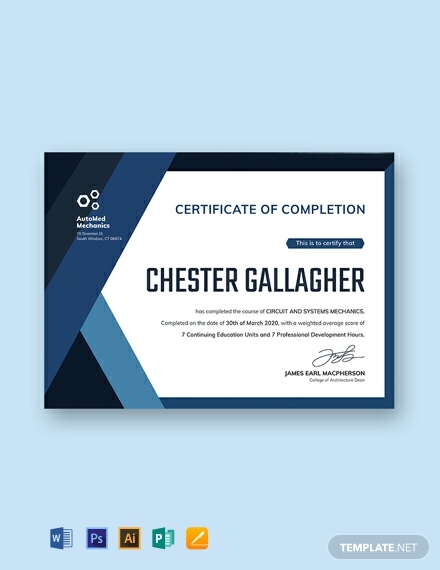 dealership completion certificate template