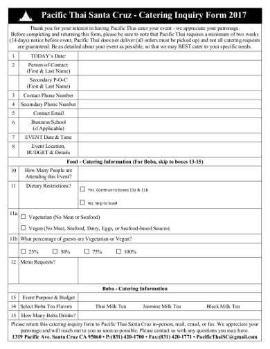 exmple catering inquiry form