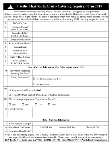 7+ Best Catering Inquiry Form Templates - PDF