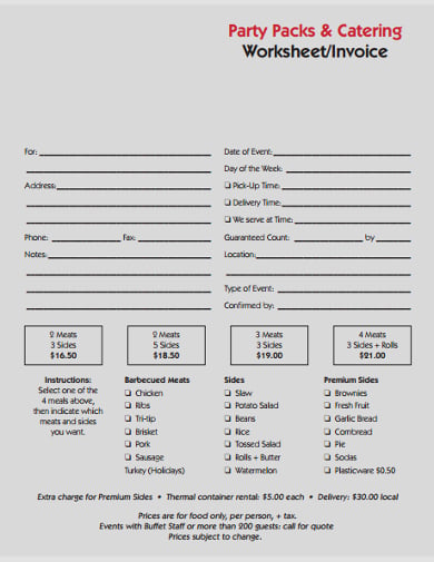 formal catering worksheet template