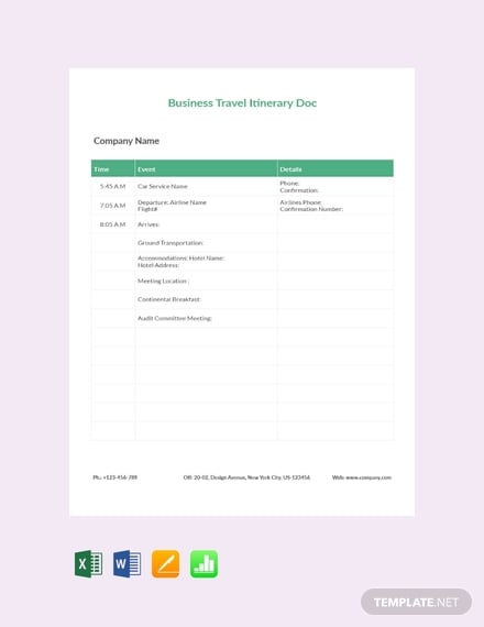 free business travel itinerary document template 440x570