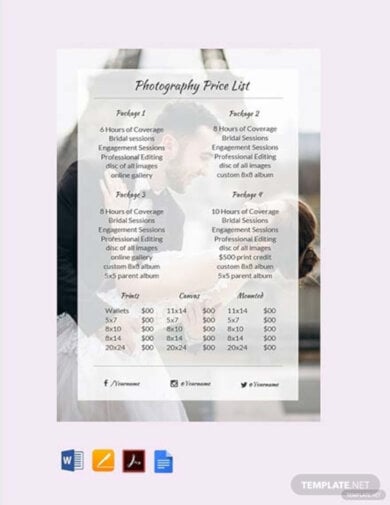free photography price list template