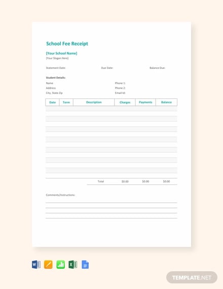 free school fee receipt template