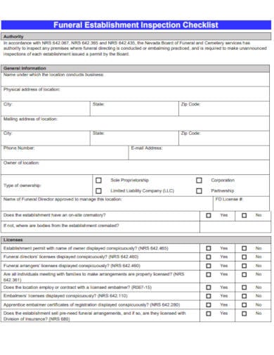 funeral establishment inspection checklist in pdf