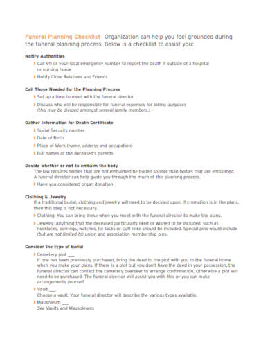 Funeral Planning Checklist Template Image