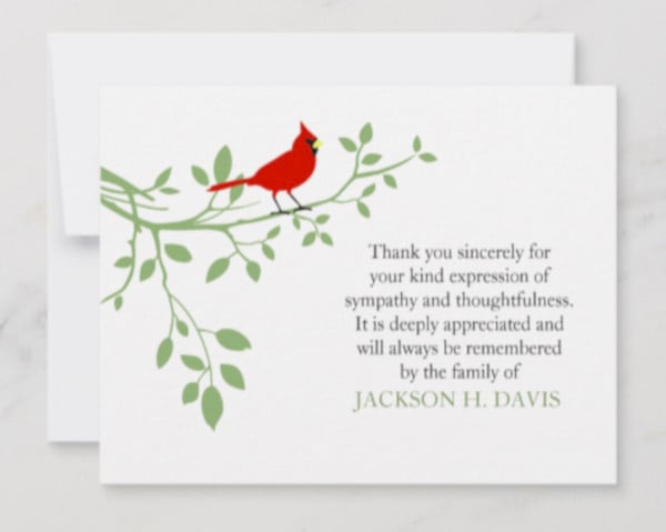 funeral thank you note card