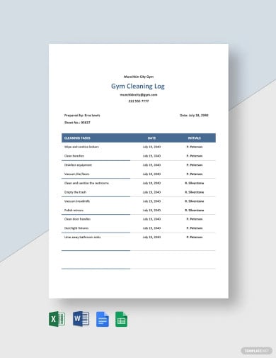 gym cleaning log template