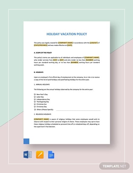 holiday vacation policy template