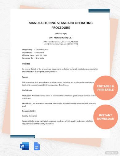 manufacturing standard operating procedure template