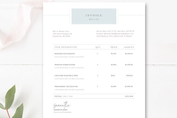 one page invoice for photographers
