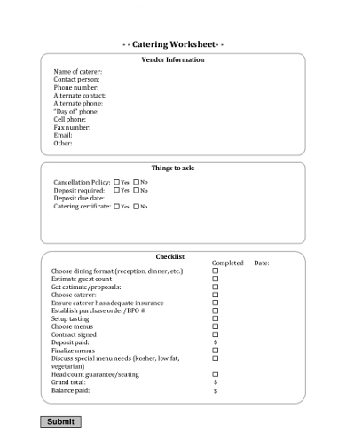 printable catering worksheet templates