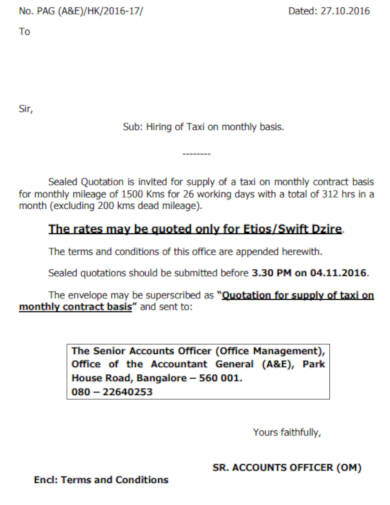 quotation for supply of taxis