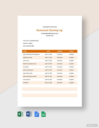 restaurant cleaning log template