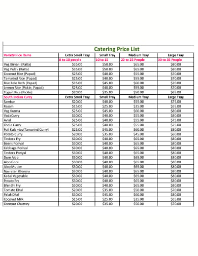 sample catering price list