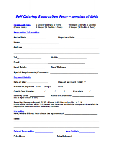 self catering reservation form