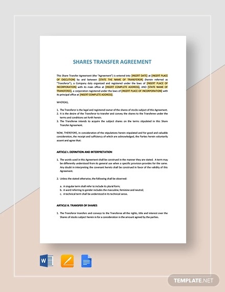 shares transfer agreement short template