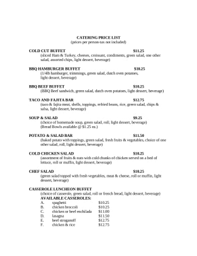 standard catering price list