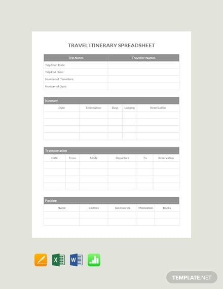 travel itinerary spreadsheet template 440x570