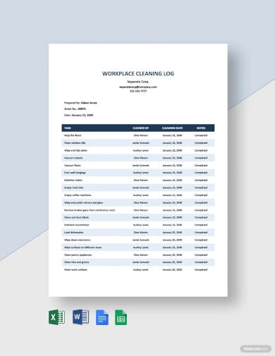 workplace cleaning log template