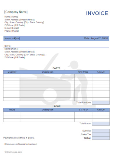 auto repair mechanic invoice template