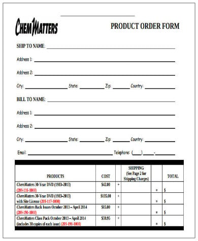 blank product order form