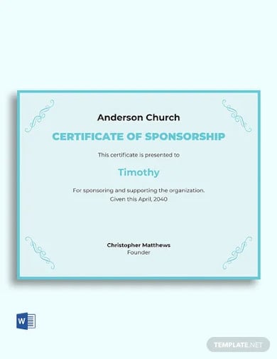 church sponsorship certificate template