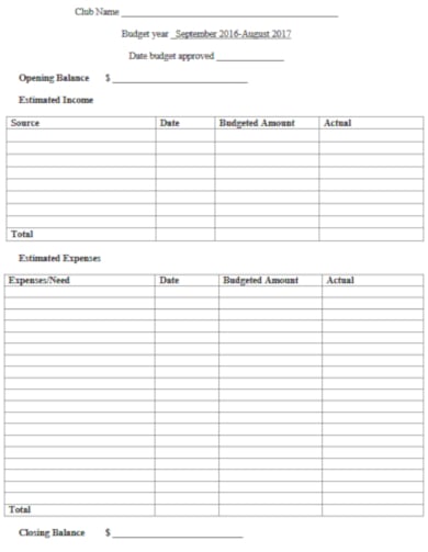 club budget worksheet example