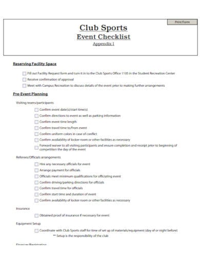 club sports event checklist sample