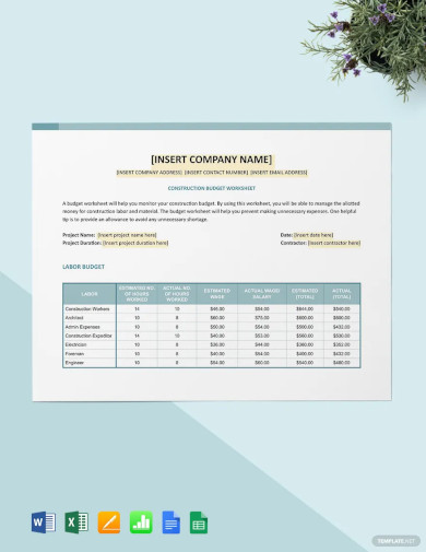 construction budget worksheet template