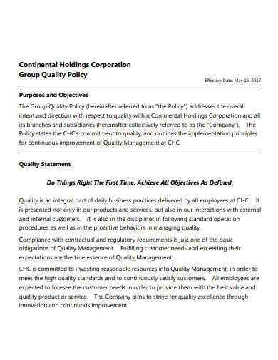 corporation company quality policy