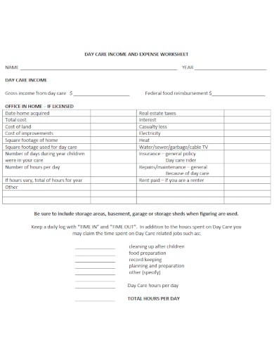 day care income and expense worksheet