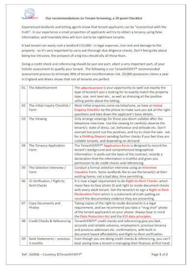 detailed landlord tenant checklist template