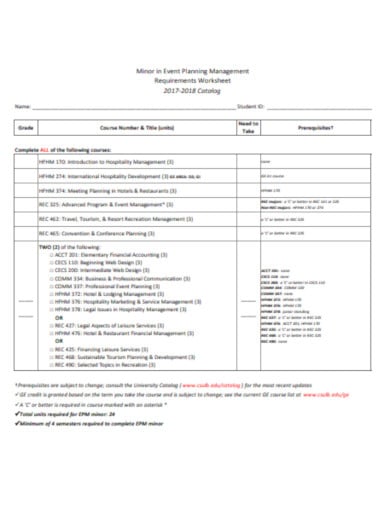 event planning management requirements worksheet