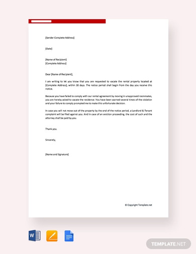 30 day notice letter for tenant