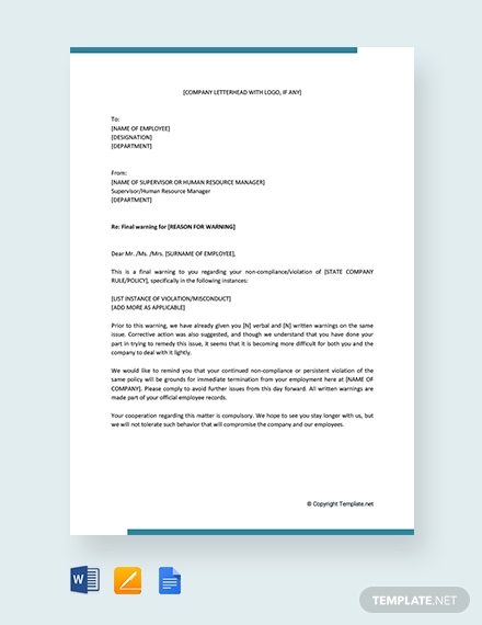 Employee Warning Letter Templates - Google Docs, MS Word, Pages, DOC