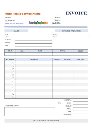 9  Auto Repair Invoice Templates PDF Word Pages Numbers Google
