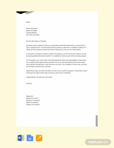 free company internship offer letter to college