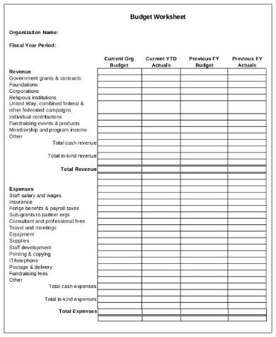 free non profit budget worksheet template